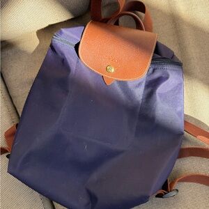 Longchamp Nylon and Leather Zip Top Backpack Navy Blue Marine and Brown